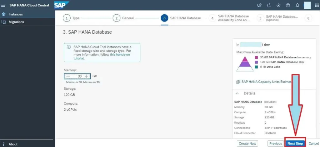Create SAP HANA Cloud Instance - Database Size