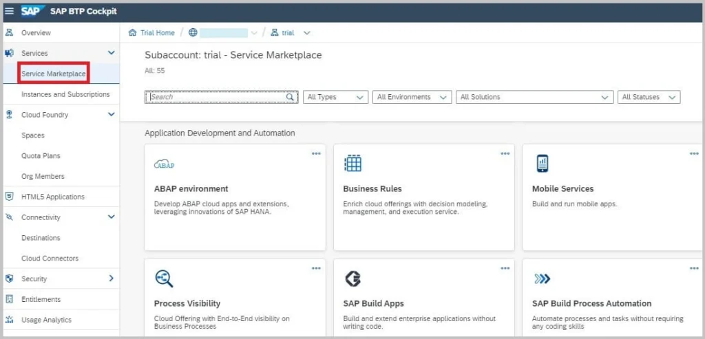 SAP BTP Service Marketplace
